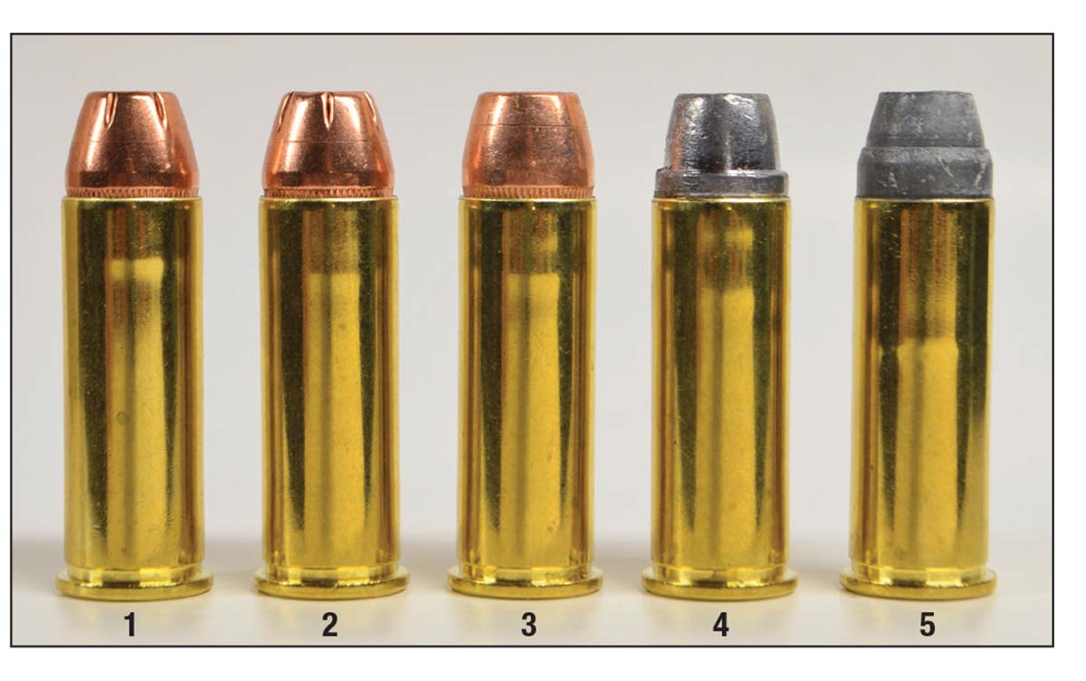 Cartridges include: (1) 180 Hornady XTP, (2) 200 Hornady XTP, (3) 210 Speer Gold Dot, (4) 240 Missouri Bullet Co. and (5) 300 Northern Precision Base Guard.